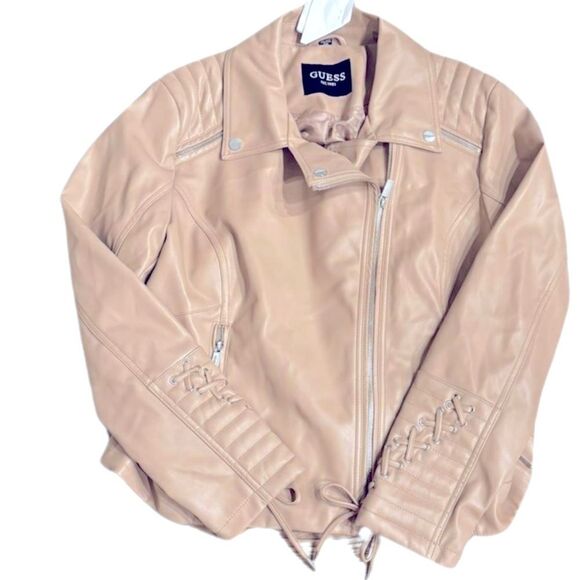 GUESS Women's Faux-Leather Asymmetric Moto Coat leather jacket  size XXL latte - Picture 9 of 11